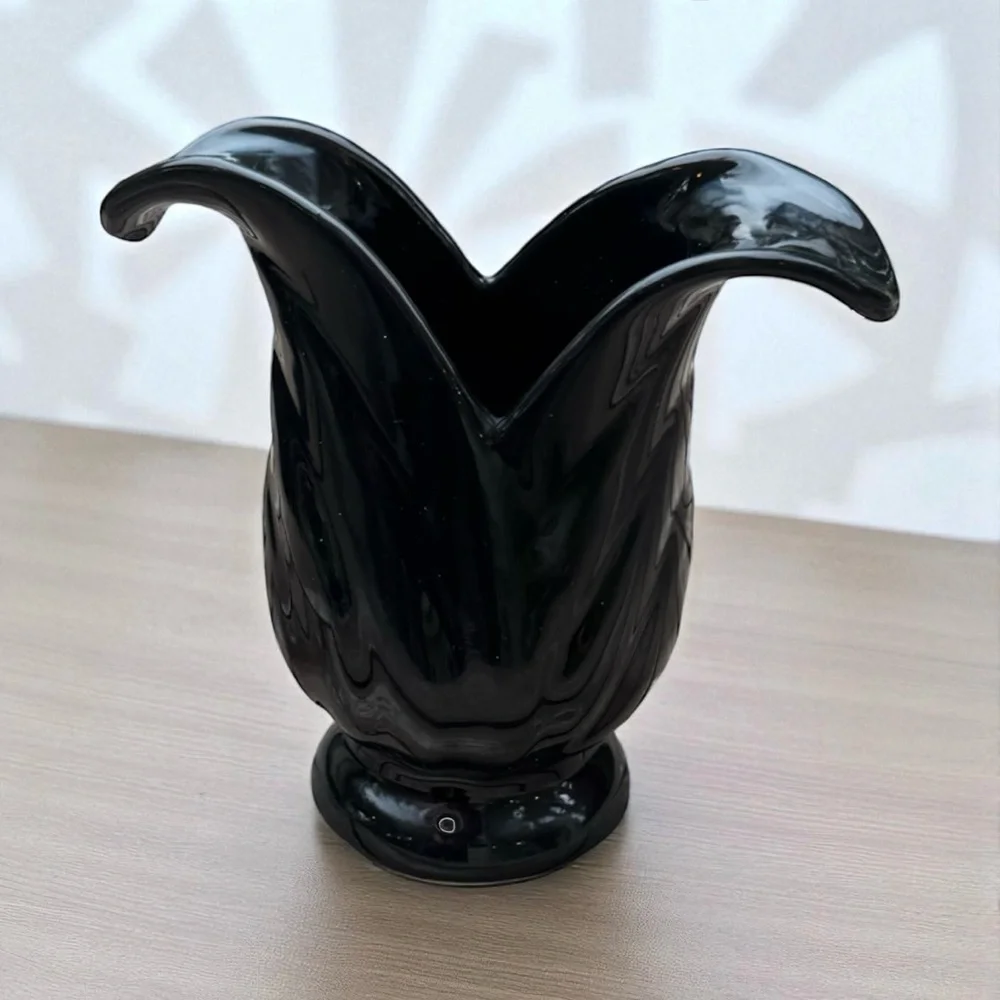 Fabulous Vintage Art Nouveau Pottery Vase Glossy Black Open Flower Petal Design